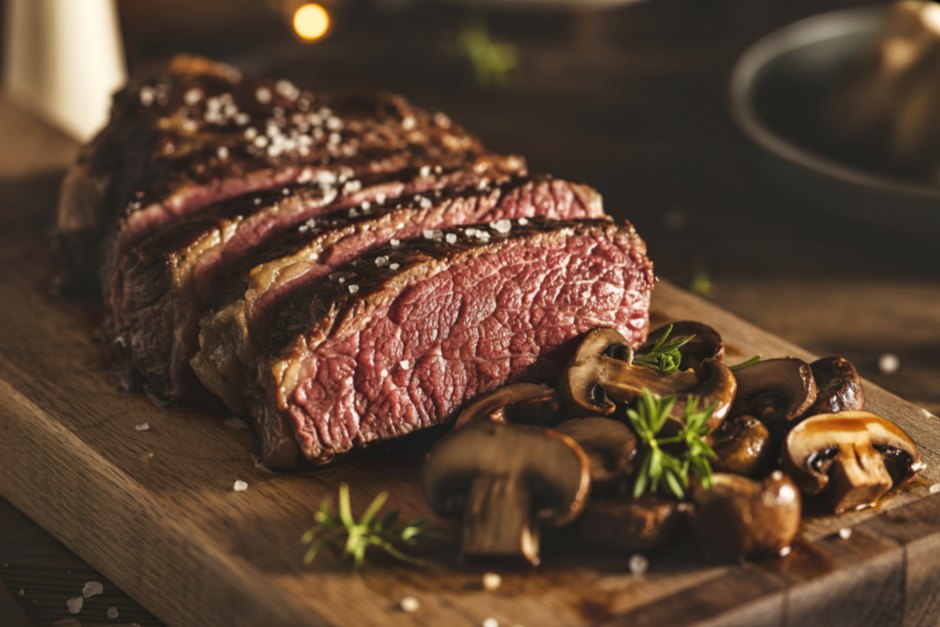 Fatias de carne assada suculenta, como acém ou paleta, servidas em uma tábua de madeira com sal grosso salpicado e acompanhadas de cogumelos Paris salteados com ervas frescas.