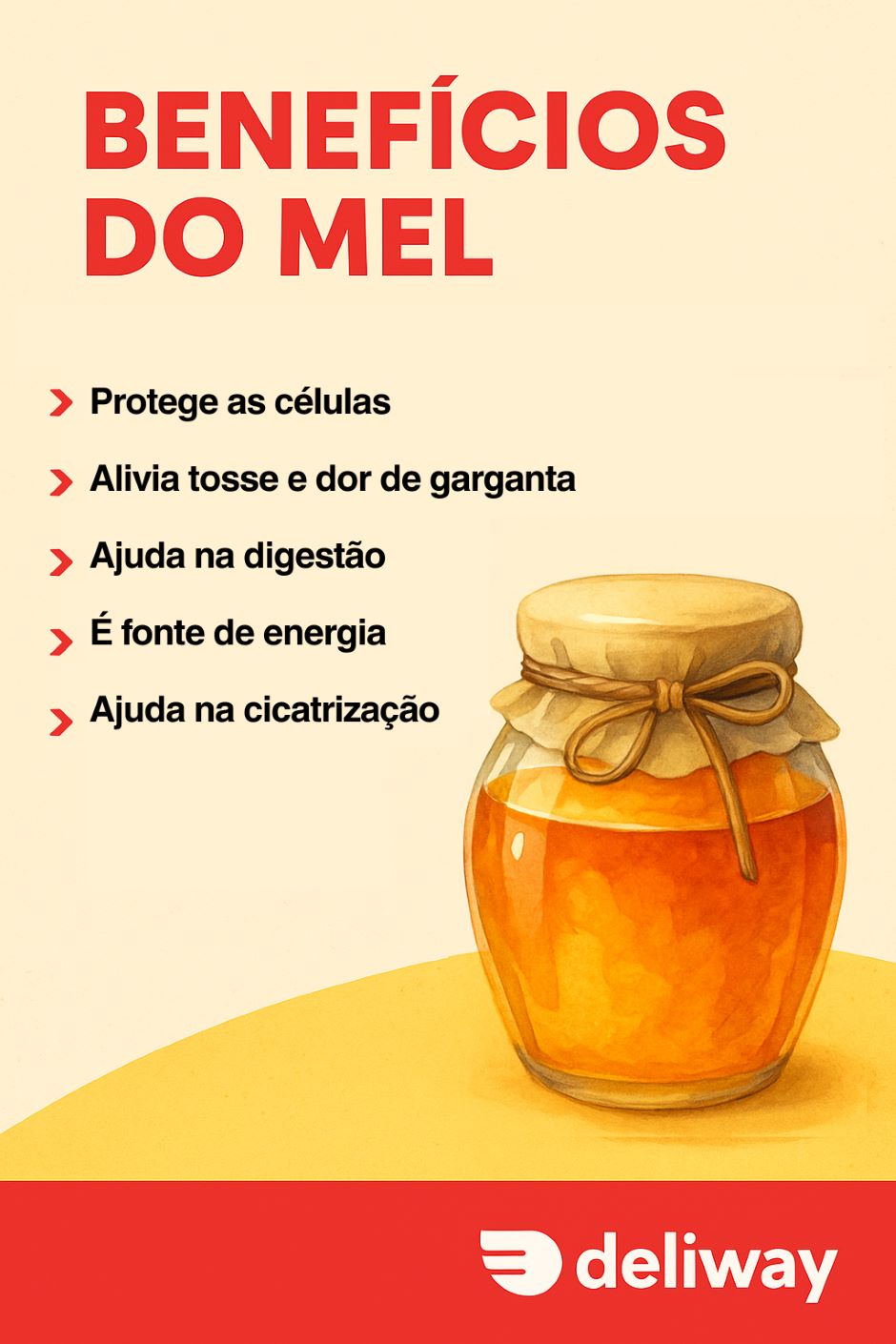 Benefícios do mel destacam sua capacidade de proteger as células, aliviar a tosse, ajudar na digestão, fornecer energia e promover a cicatrização, com uma ilustração de um pote de mel com tampa de pano.
