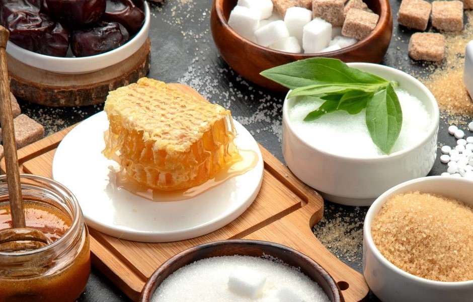Variedade de doces tradicionais com mel, açúcar, açúcar mascavo, açúcar de confeiteiro, açúcar refinado, açúcar orgânico e mel de abelha.